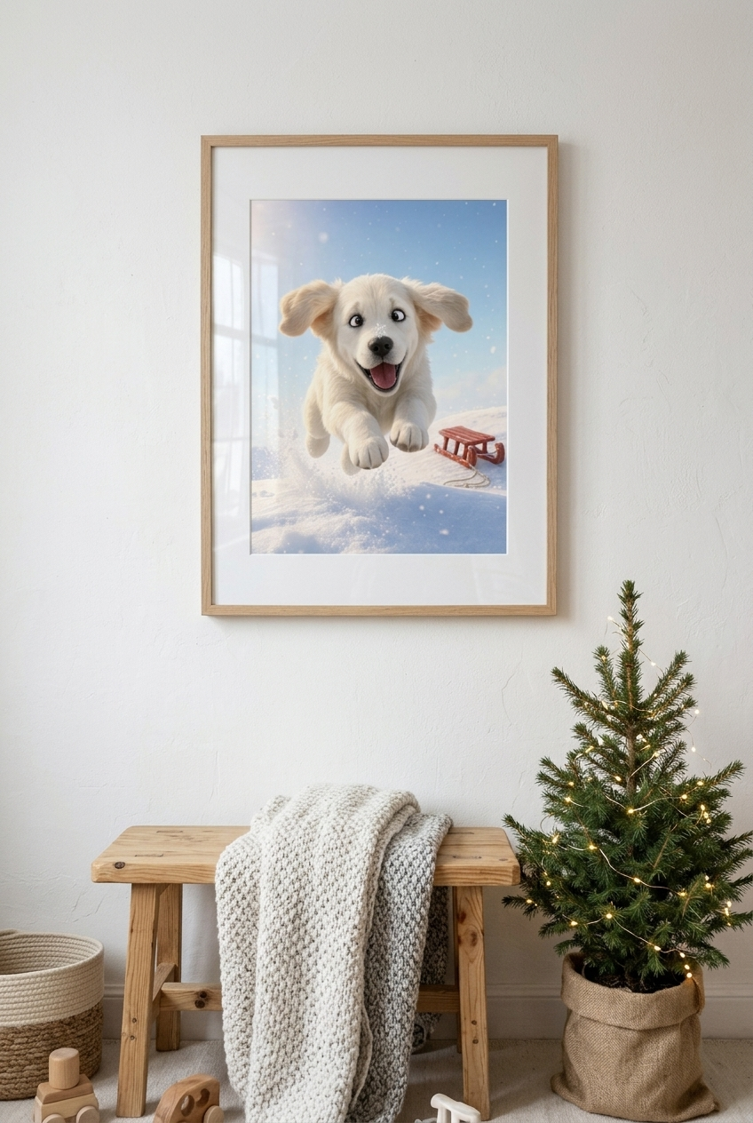 Poster „Schnee auf der Nase“ – Welpe im ersten Schnee – Lifestyle
