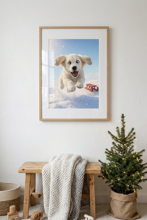 Poster „Schnee auf der Nase“ – Welpe im ersten Schnee – Lifestyle