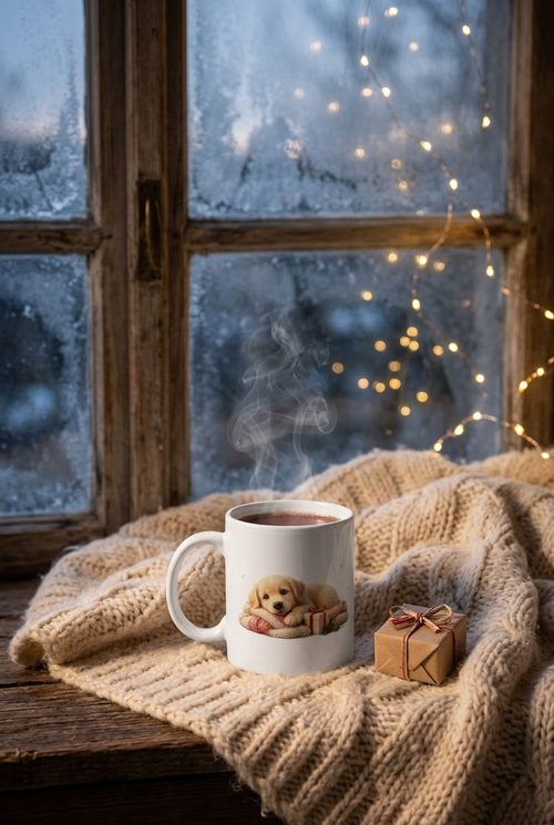 Tasse „Kuschelweihnacht“ – Golden-Retriever-Welpe – Lifestyle