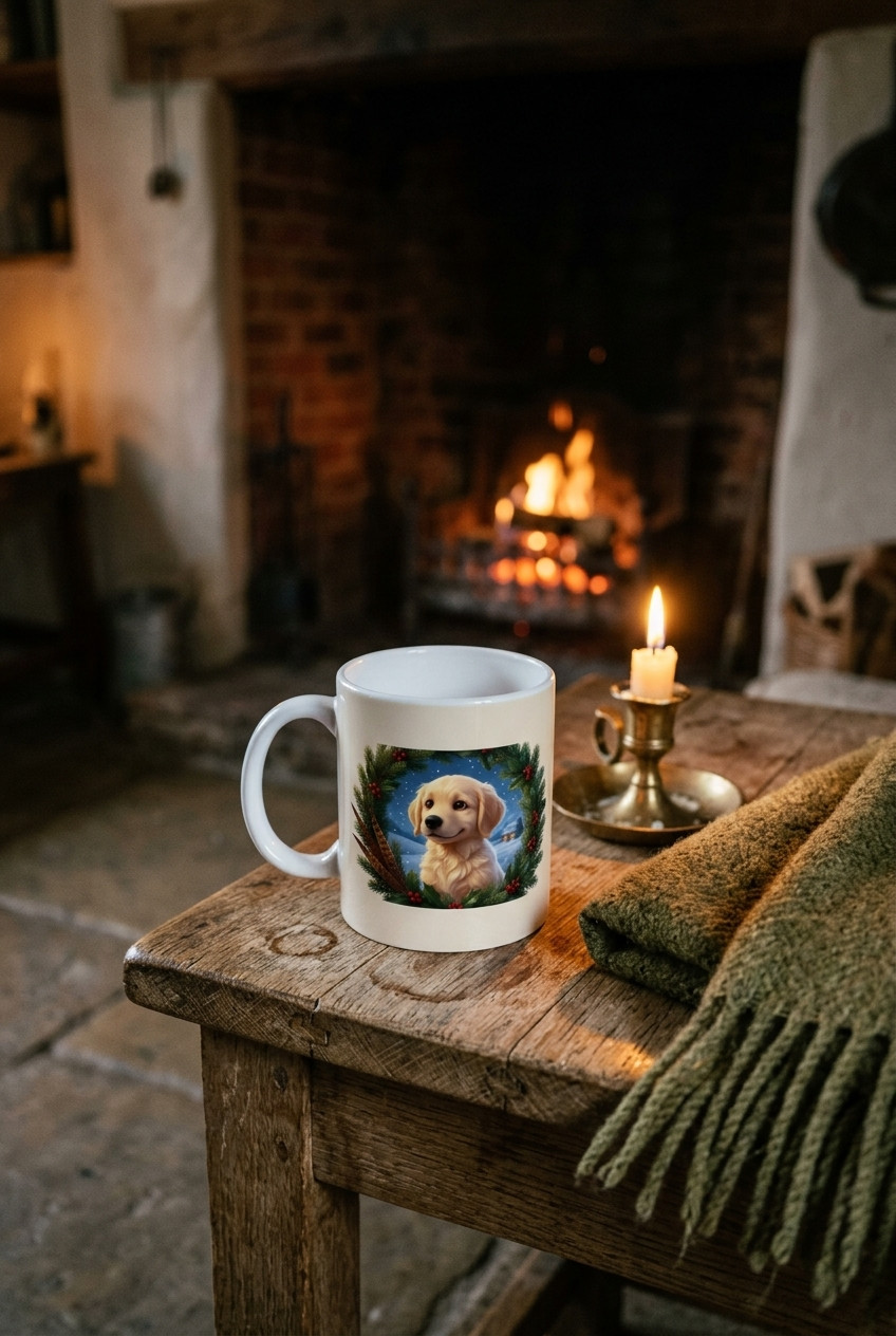 Tasse „Weihnacht auf dem Land“ – Welpe im Winterkranz – Lifestyle