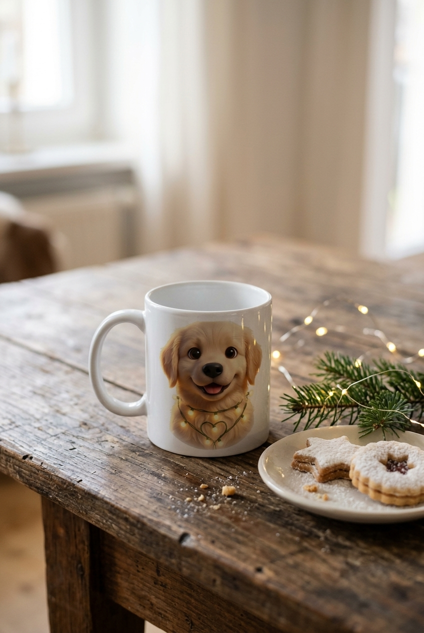 Tasse „Wuffnachten“ – Welpe mit Lichterherz – Lifestyle